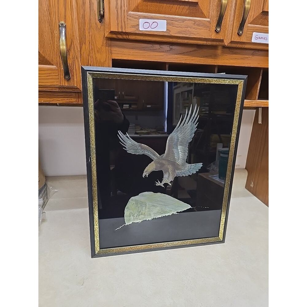 Vtg American Bald Eagle Etched Glass Mirror Art Wall Hanging Framed 18x22 Rock